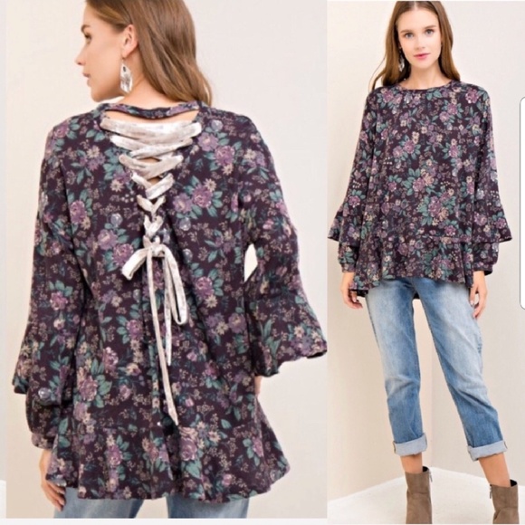 entro Tops - Adorable Floral Knit Back Lace-up Top